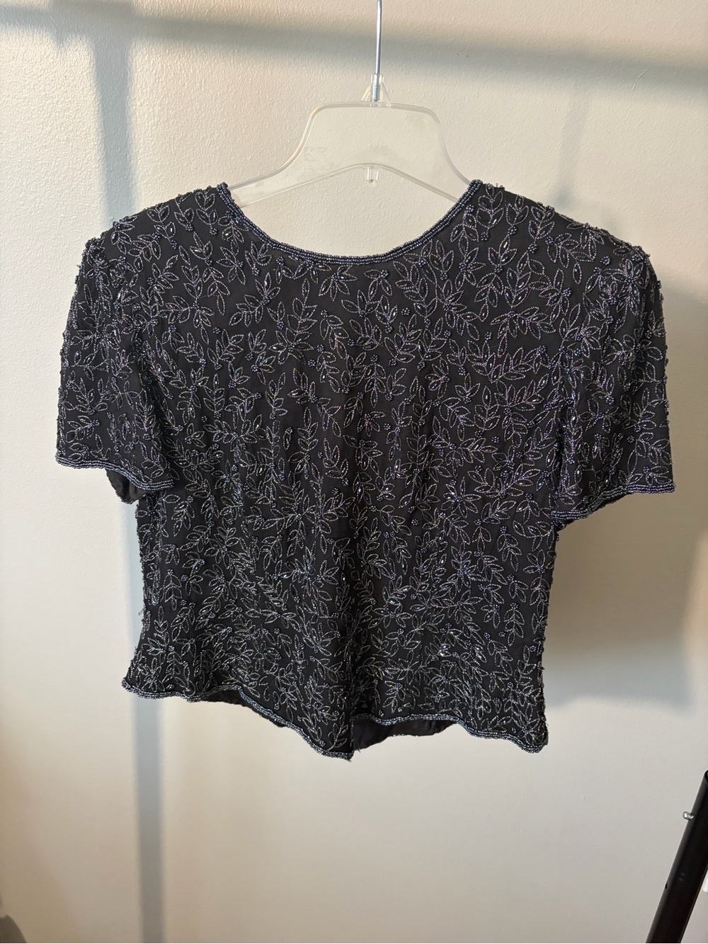 Papell Boutique Black Embroidered Short Sleeve Crop Top 100% Silk